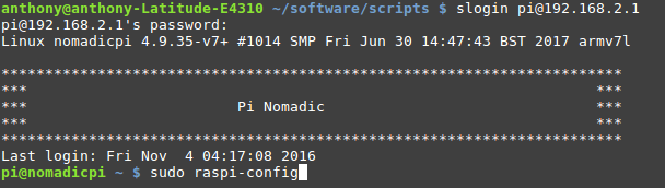 SSH terminal session on the Nomadic Pi car computer